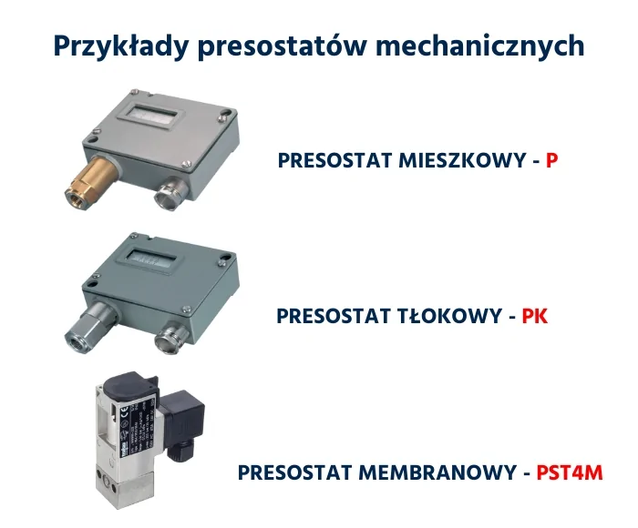 Przykłady presostatów mechanicznych z oferty Poltraf